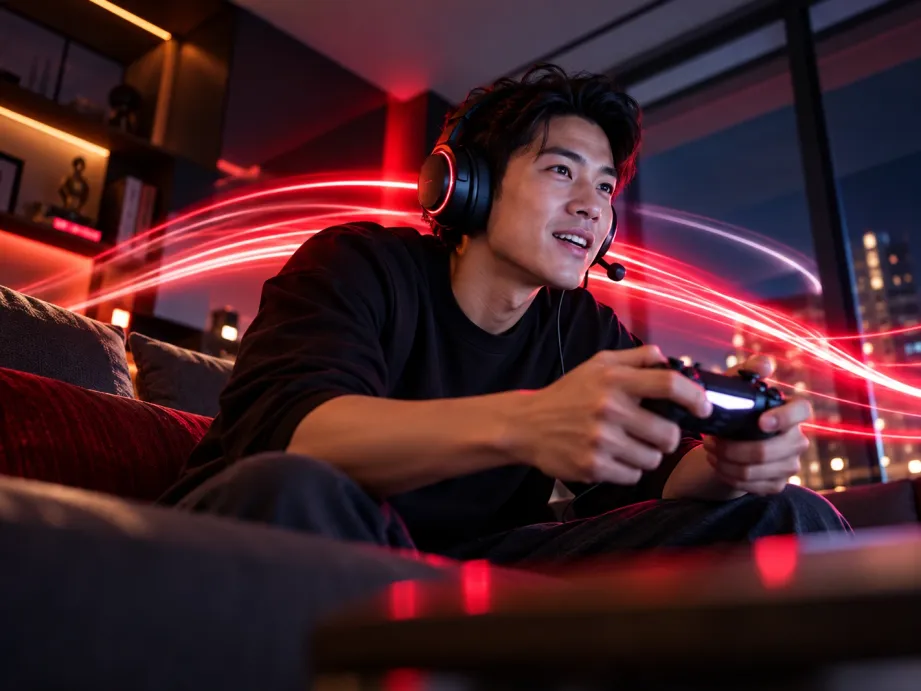 Gamer wearing a headset and holding a controller, with red light trails sweeping through the room